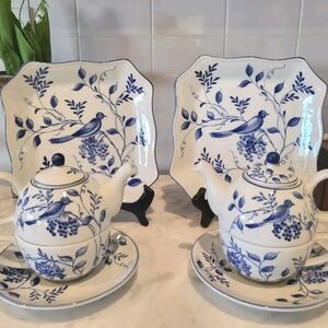 Hand Painted Blue & White Bluebird Individual Tea Set 8 Pieces - Andrea By Sadek